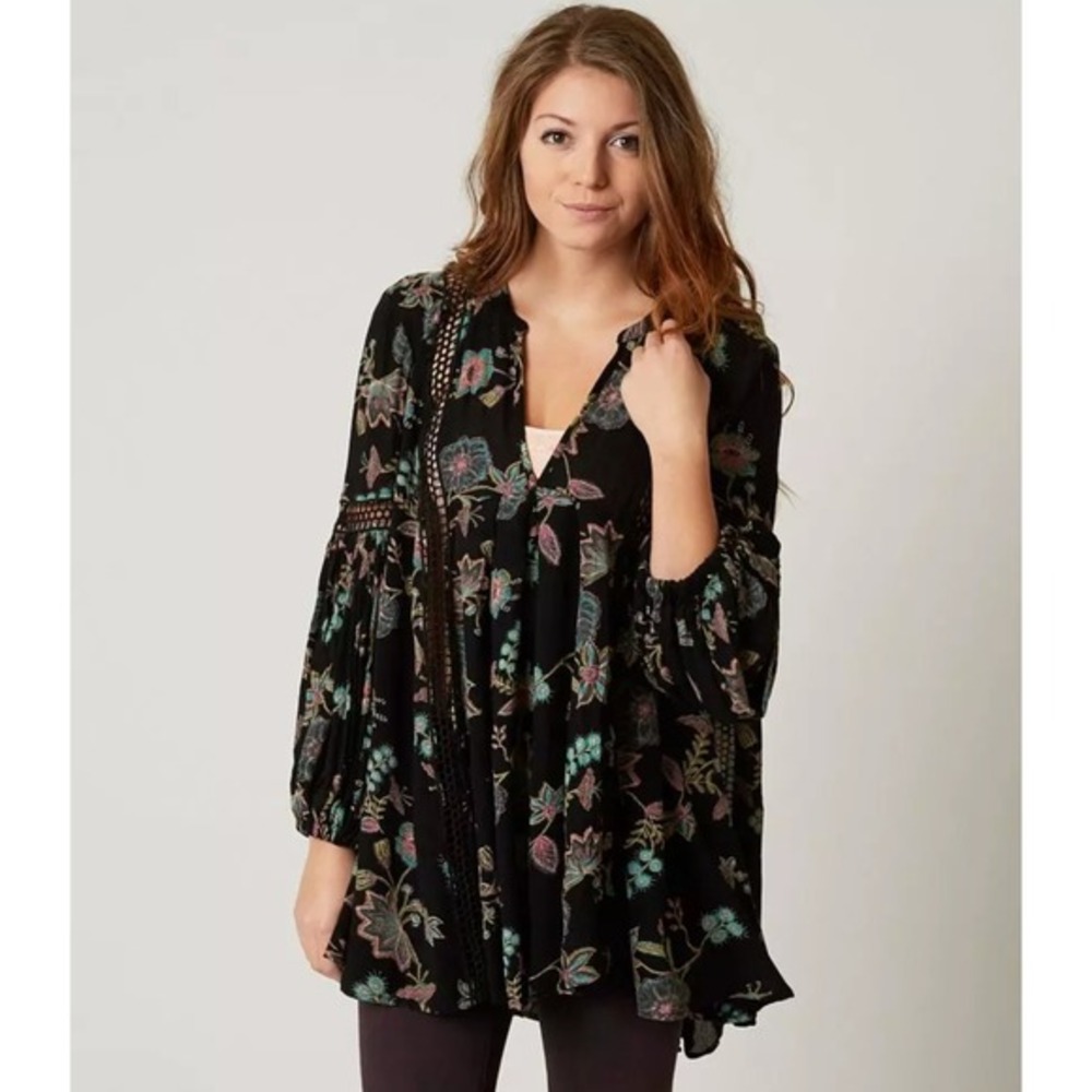 Free People Just The Two Of Us Crochet Floral Women's Swing Boho Top XS-S Black